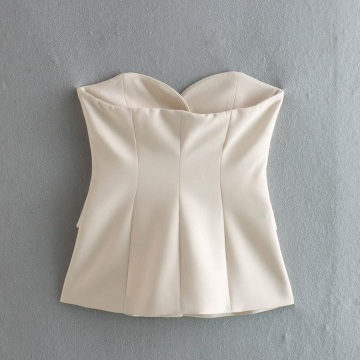 Women Elegant Solid Pant Suit Front Button Strapless Sexy Tank Tops