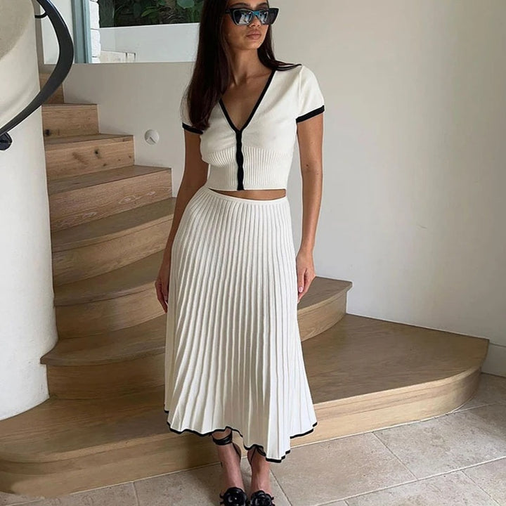 White long Skirt Suit Short Sleeve V-neck crop top